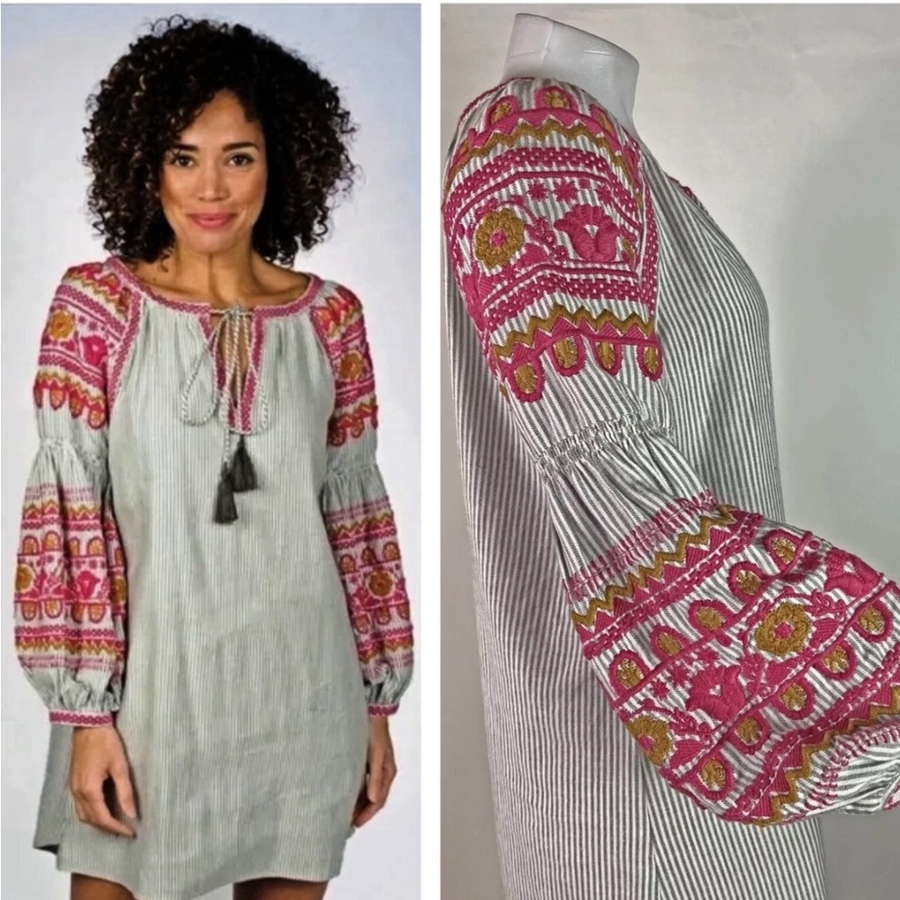 Sz S Ivy Jane Adele Boho Mini Dress Stripes Embroidered Balloon Sleeves